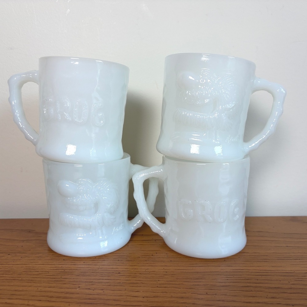 Vintage Grog Milk Glass Embossed Character Coffee Mugs Set of 4 White